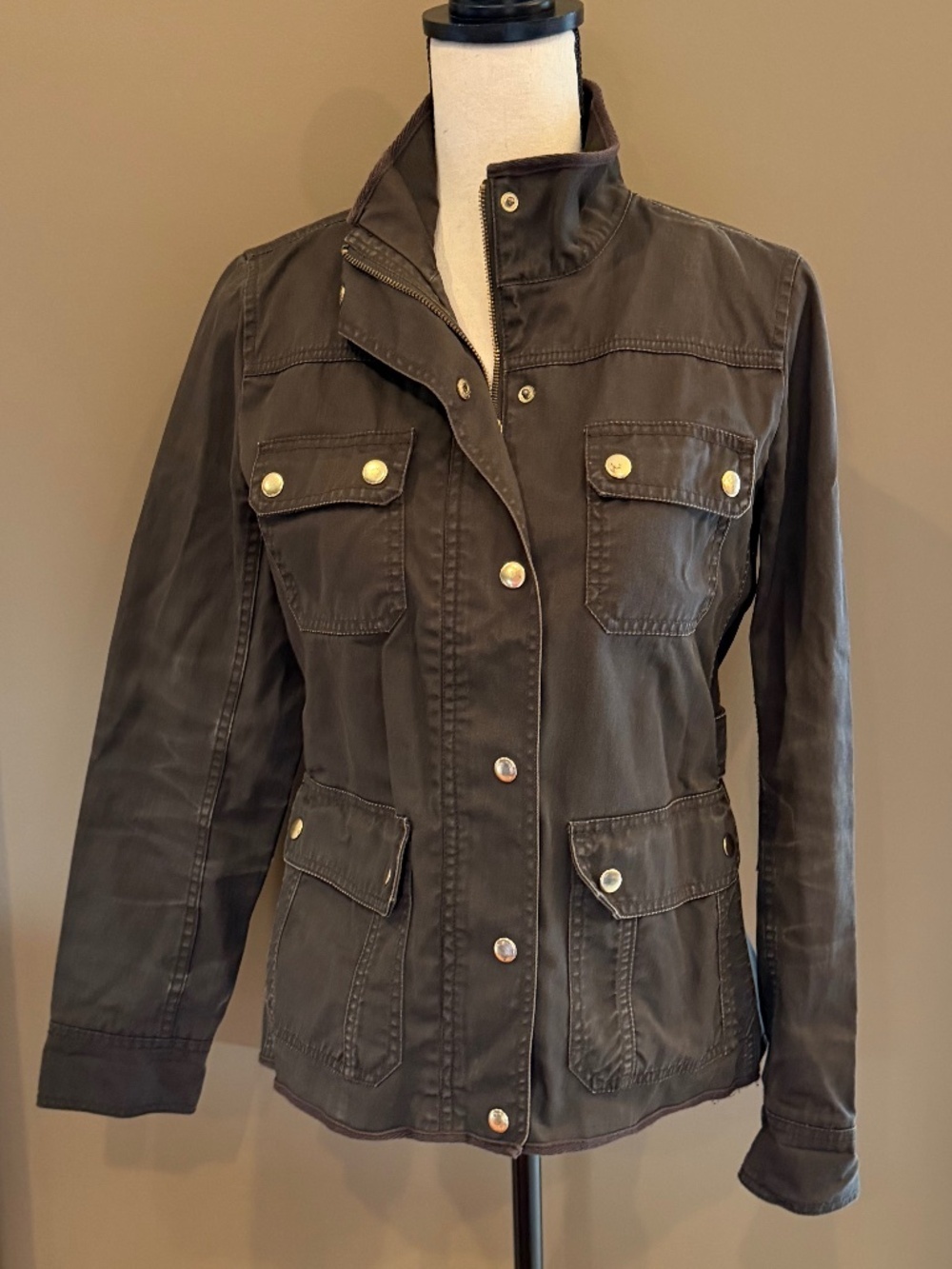 J. Crew Downtown Field Jacket Waxed Cotton Brown Green Gold Snaps, Size Small